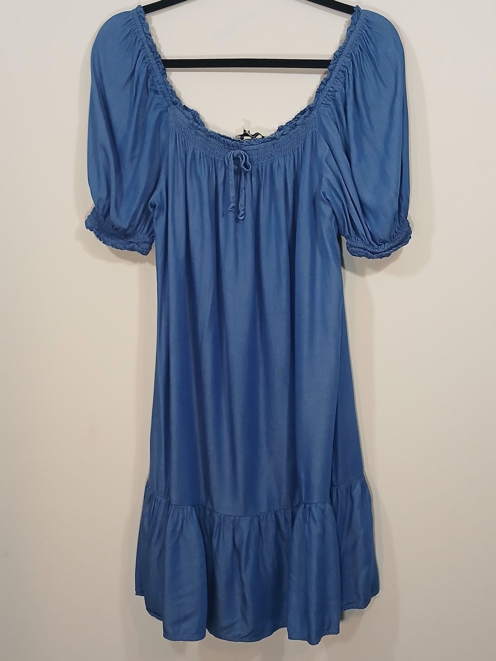 California Bay Co Blue Off Shoulder Peasant Dress Women’s Medium Boho Chambray - Picture 2 of 10
